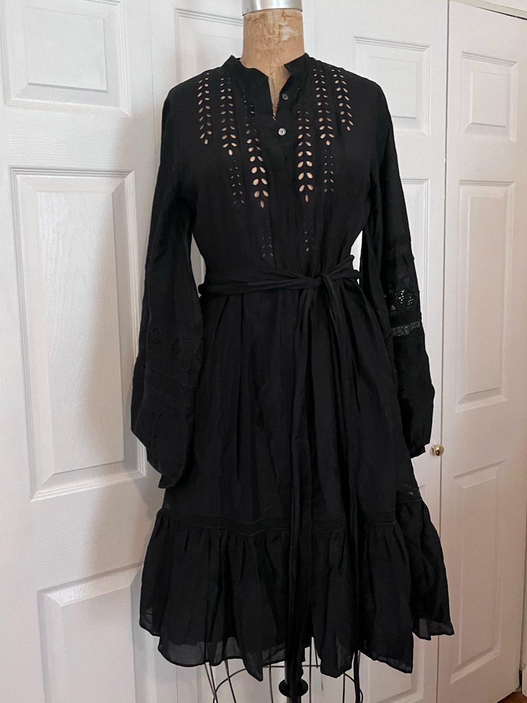 Kobi Halperin Silk Cotton Black Eyelet Midi Dress With Tie Waist And Wide Sleeve